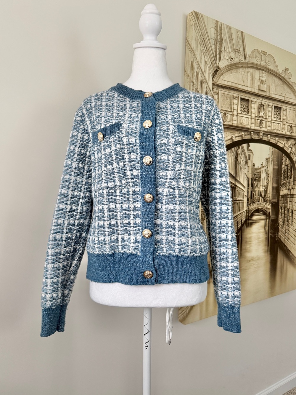 Preloved Blue & White Tweed-Style Knit Cardigan